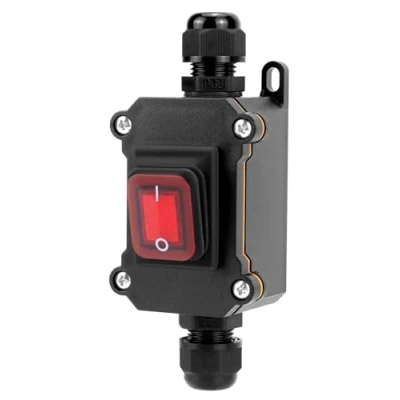Imagen de QWORK® Interruptor de cable en línea impermeable IP65 con luz indicadora roja, 220V 30A, DPST 4 pines, control encendido/apagado doble posición