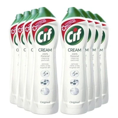 Imagen de Cif Limpiador de superficies multiusos original en crema enriquecido con un aroma fresco del océano hecho partículas limpieza 100% naturales para una suave y confiable, paquete 8