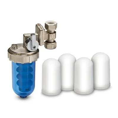 Imagen de Dosificador de polifosfatos WK con grifo antigoteo y 4 pastillas incluidas 20 l/min Maceta transparente irrompible Made in Italy Protección contra la incrustación cal corrosión