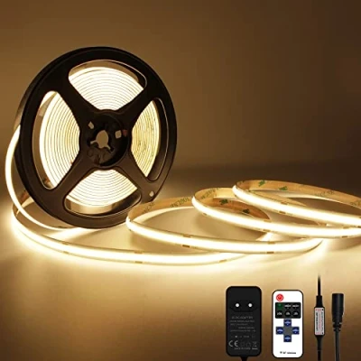 Imagen de Tira LED COB 5m 2700K, Luz Blanca Cálida con Mando Distancia y Fuente Alimentación, 480LED/m, 8mm Ancho, CRI90, para Decoración Bar, Fiesta, TV, Dormitorio