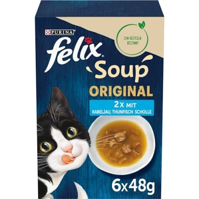 Imagen de PURINA FELIX Soup Original con bacalao, atún, comida húmeda para gatos, bolsa de porciones, 6 x 48 g
