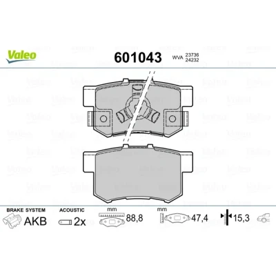 Imagen de VALEO 601043 Juego de pastillas freno Eje trasero con contacto avisador desgaste Chapa antichirridos HONDA: ACCORD 8, CR V 4, 2