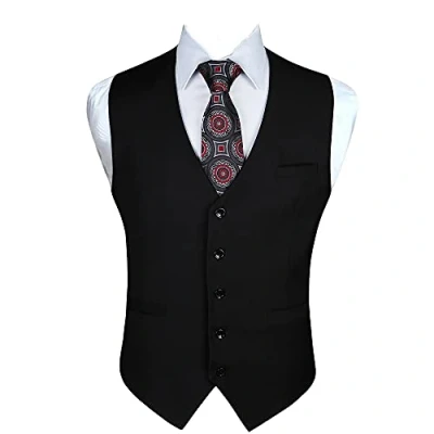Imagen de Enlision Chaleco Vestir Negro Hombre Elegante Chalecos Traje de Boda Color Liso Formal Negocio con Bolsillo L