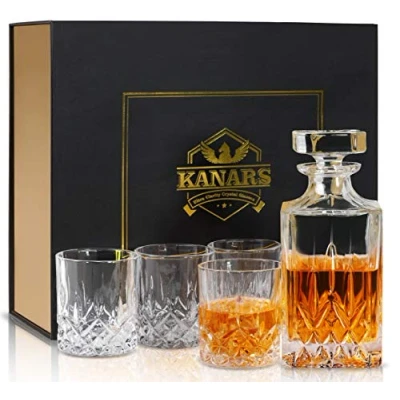 Imagen de KANARS Vasos y Jarra de Whisky, 750 ml Decantador 4 Copas 300 para Bourbon, Scotch, Martini, Coñac, Cóctel, Juego 5 Piezas, Caja Regalo Lujo