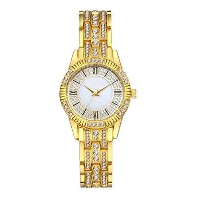 Imagen de JewelryWe Reloj de Diamantes para Mujer,Reloj Cuarzo Analógico Caja Completa Esfera Correa Desmontable Oro
