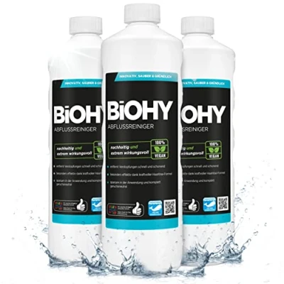 Imagen de BiOHY Limpiador de desagües (3 botellas 1 litro) elimina el vello sin esfuerzo Concentrado orgánico para cocina y baño extrafuerte contra los olores (abflussreiniger)