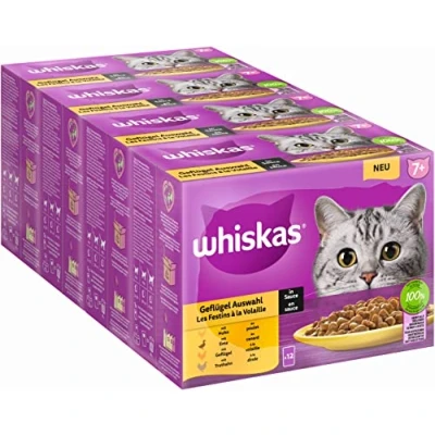 Imagen de Whiskas 7+ Comida para Gatos de Aves Corral en Salsa, 12 x 85 g (4 Paquetes) húmeda Partir los 7 años Edad 48 Bolsas porciones