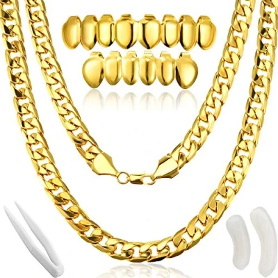 Imagen de Disfraz de Rapero Hip Hop, Collar Cadena Oro Falso Grueso con Parrillas Plateadas para Boca Top Dientes Boca, Punk Años 80 90 Hiphop
