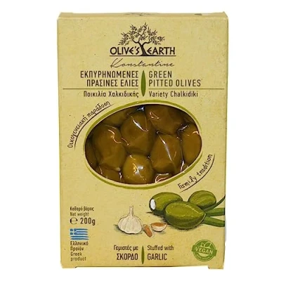 Imagen de Olive&#039;s Earth Aceitunas Verdes Sin Hueso Rellenas de ajo Variedad Calcídica, Paquete 4 x 200 g (Total: 800 g)