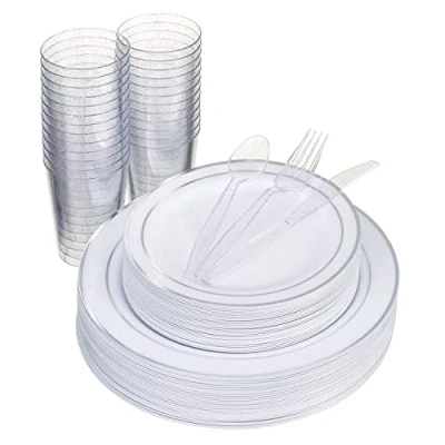 Imagen de MATANA 150 Piezas Vajilla Reutilizable de Plástico Blanco y Plateado para 25 Personas Platos Grandes, Postre, Vasos Cubiertos Reutilizables Bodas, Cumpleaños, Navidad Fiestas