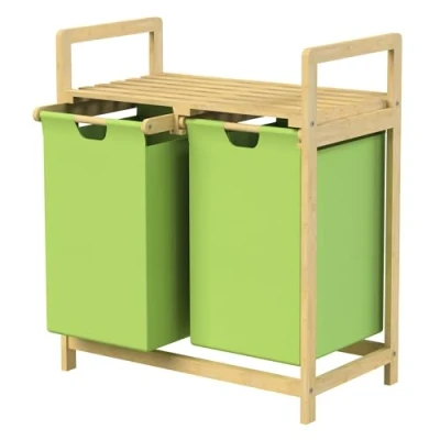 Imagen de ML Design Cesto para la Colada de Bambú Verde Caja Ropa Sucia con 2 Compartimentos Recogedor Bolsas Extensibles 60 L Cubo Estante Clasificador el Cuarto Baño