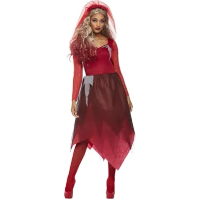Imagen de Smiffys Disfraz de novia zombi, Rojo, Vestido y diadema velada