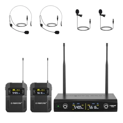 Imagen de Phenyx Pro Sistema de Micrófono inalámbrico Profesional UHF con Frecuencias 2x30, Set metálico, 2 Cuerpo/Diadema/Solapa para Hablar, Cantar,Iglesia,DJ(PTU 52 2B)