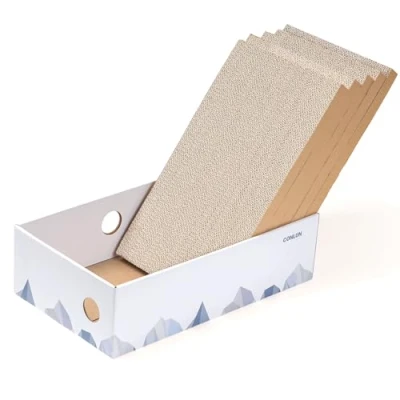 Imagen de Conlun Poste de rascado para Gatos, portátil cartón Corrugado con Caja Gatos y diseño Agujeros interactivos Grande Blanco Paquete 5