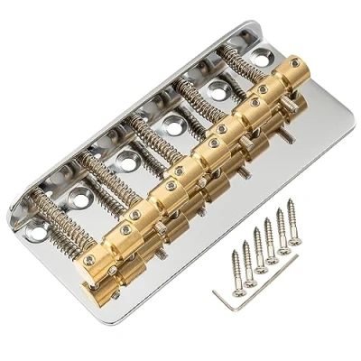 Imagen de Musiclily Pro 18mm Clásico Estandar Top Load Puente Bajo 5 Cuerdas con Selletas Latón Placa Acero para Precision/Jazz Bass, Cromado