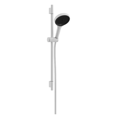 Imagen de hansgrohe Rainfinity, set de ducha ahorro agua, mano (EcoSmart) con barra 65cm, soporte y Designflex flexo textil 160cm, 3 tipos chorro, blanco mate