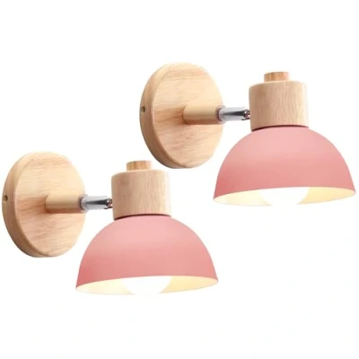 Imagen de iDEGU 2 Piezas Apliques de Pared Moderno, Lámparas para Dormitorio Simple E27 Iluminación Interior Luz en Madera Hierro Ajustable Foco Pasillo Salón Cafetería (Rosa)