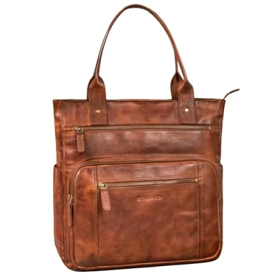Imagen de STILORD &#039;Bonnie&#039; Bolso Cuero Mujer Grande Shopper con Múltiples Compartimentos Laptop de 15,6 Pulgadas Bandolera Ciudad Universidad Oficina Tote Bag Piel Auténtica, Color:brandy coñac