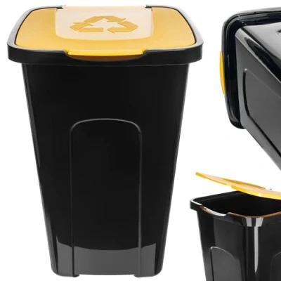 Imagen de KADAX Cubo de basura grande, rectangular, poliuretano, para separar vidrio, plástico y residuos orgánicos, 50 litros, amarillo