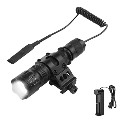 Imagen de WESLITE Linterna Táctica Recargable 1200 Lúmenes, Linternas LED de Alta Potencia para Caza con Interruptor Presión Zoom y 5 Modos(Batería Cargador Incluidos)