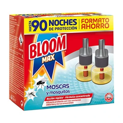 Imagen de Bloom Max Eléctrico Líquido Recambio Doble (pack de 2), insecticida para mosquitos común y tigre, antimosquitos 90 noches protección