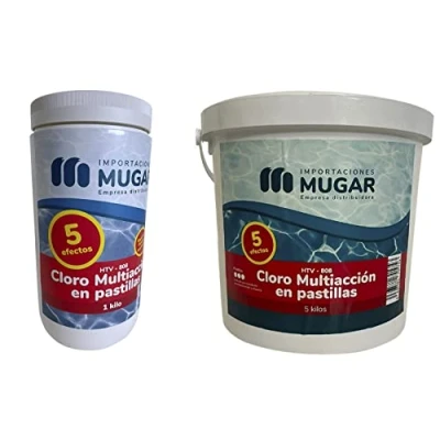 Imagen de MUGAR Cloro 5 Acciones para Piscinas En Pastillas Efectos. Envases de 1kg o 5kg. Desinfectante/Alguicida/Floculante/Antical/Mantenedor pH(1 kg)