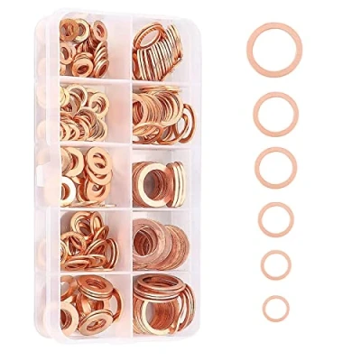 Imagen de Arandela de Cobre, Plana Kit Surtido Sellos Anillo Plano para Junta, Accesorios Hidráulicos Tapones Sumideros Agua Combustible 200 Pcs/ M5 M6 M8 M10 M12 M14