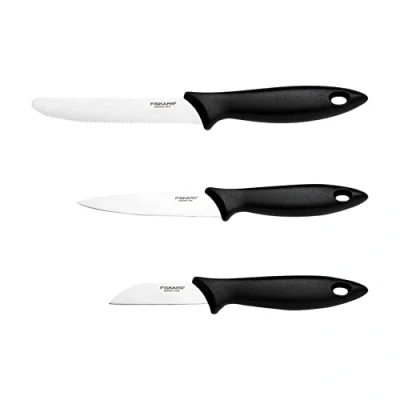 Imagen de Fiskars Set de cuchillos mondar, 3 piezas, Cuchillo pelar, para tomates, Essential, Acero inoxidable/Plástico PP, Negro, 1065584