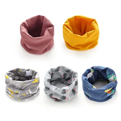 Imagen de 5 piezas de bufandas para niños, baberos cálidos niños y niñas, con juntas tóricas, algodón a prueba viento primavera, otoño e invierno.