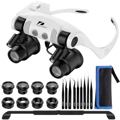 Imagen de Pancellent Lupa de Reparación Relojes,Lupa Montaje en Cabeza,4 Lentes Desmontables,2 Luces LED,Lupa Lectura Manos Libres para Lectura,Lupa joyería,reparación electrónica (10X,15X,20X,25X)