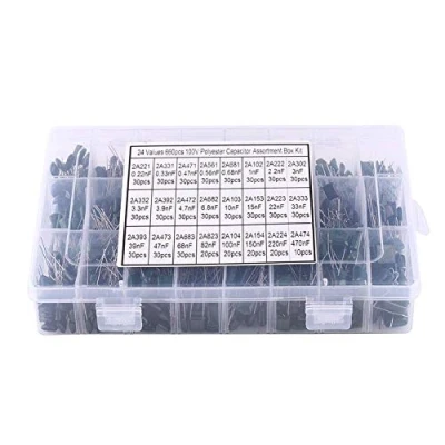 Imagen de 24 valores 660Pcs 100V Kit de surtido condensadores con caja almacenamiento,Capacitores papel película poliéster 0.22nF 470nF