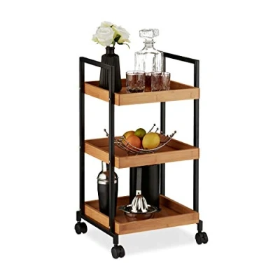Imagen de Relaxdays Camarera de 3 Pisos, Carrito Cocina, Carro Auxiliar, Isla, Bambú y Hierro, 1 Ud, 69,5 x 37 34 cm, Marrón