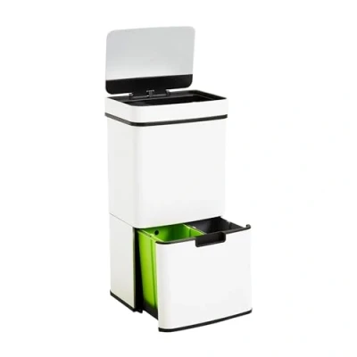 Imagen de WELL HOME Papelera de reciclaje 62L (37L+25L), cubo basura con 2 compartimentos, apertura automática sensor, en acero inoxidable, blanco
