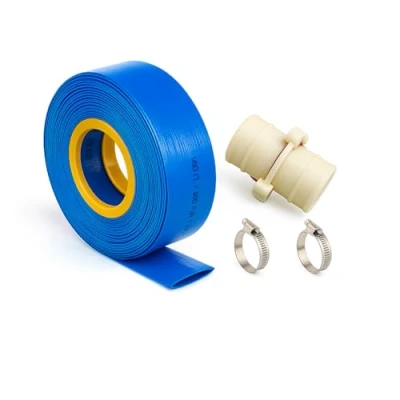 Imagen de Manguera plana para descarga de agua, riego, pisicna y bombas achique con accesorios PVC abrazaderas. (40mm T25m)