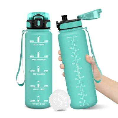 Imagen de Botella Agua, 1000ML Libre de BPA, Agua Gimnasio, Diseño Cerradura a Prueba Fugas, Botellas Con Marca Tiempo, para Niños Deportes, Camping AzulVerde