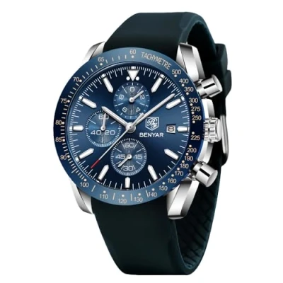 Imagen de BENYAR Relojes Hombre Cronografo Analógico Movimiento de Cuarzo Impermeable Luminoso Fecha Reloj Pulsera Banda Silicona Negocios Casual Diseñador Elegante Regalo para