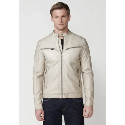 Imagen de Cazadora efecto piel, cuello tira para hombre en color beige