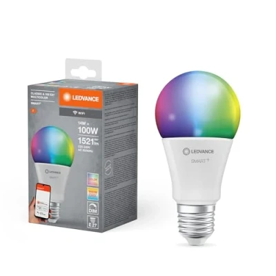 Imagen de LEDVANCE Smarte LED Lampe mit WiFi Technologie, Sockel E27, Dimmbar, Lichtfarbe änderbar (2700 6500K), RGB Farben änderbar, ersetzt Glühlampen 100 W, SMART+ Classic Multicolour, 1er Pack