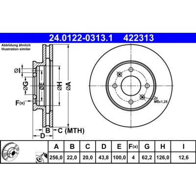 Imagen de ATE 24.0122 0313.1 Disco de freno 256,0 22,0 4 100,0 ventilado revestido aleado/alt. carburado KIA: Rio 3, III Furgón / Hatchback
