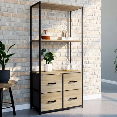 Imagen de IDMarket Estantería de 3 niveles con 4 cajones tela UTAH 120 cm mueble almacenamiento diseño industrial
