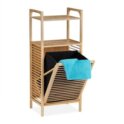Imagen de Relaxdays Estantería de Baño con Cesto para Ropa Sucia, 2 Baldas, 95x40x30 cm, Abatible, Bambú y Tela, Natural Negro