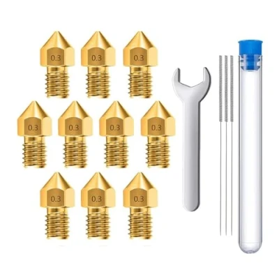 Imagen de MMOBIEL 10 Piezas 0,3 mm Latón MK8 Impresora 3D Boquillas Extrusión Compatible con Creality Ender Serie 3, 5, CR 10/10S, Macurbot, Incl. 3 agujas de limpieza llave
