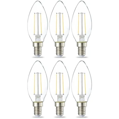 Imagen de Amazon Basics Bombilla de vela pequeña LED E14, Edison, 2.1 W (equivalente a 25 W), filamento transparente, no regulable, paquete 6, Blanca Cálida