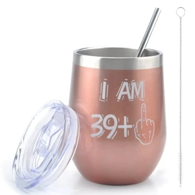 Imagen de 40 cumpleaños Copa de vino acero inoxidable para mujeres, copas 12 oz con tapa, paja y cepillo pajita, taza café regalo Navidad