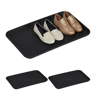 Imagen de Relaxdays Juego Goteo, 60 x 40 cm Bandeja Zapatos XL, Set de 3, Base para Zapatillas Mojadas, Posazapatos Grande Plástico, Negro