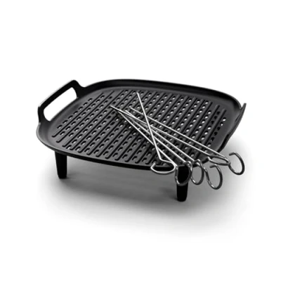 Imagen de Kit de accesorios grill para Philips Airfryer XXL, placa antiadherente, accesorio doble capa, 6 brochetas, apto lavavajillas, App recetas HomeID, negro (HD9959/00)