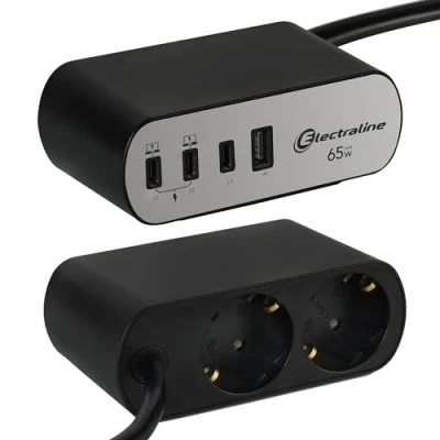Imagen de Electraline 62584 Regleta Base Multiple de Escritorio/Mesa Trabajo Electradock 1 3 C Power Delivery, Cable H05VV F 3G1.5 Longitud 2M, Enchufe Schuko, Negro, 2 Tomas + 4 USB PD 65W