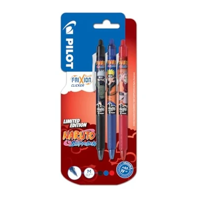 Imagen de Pilot x Naruto FriXion Ball Clicker Lote de 3 Bolígrafos borrables y retráctiles Edición limitada Shipudden recargables Negro, Azul, Rojo Punta media