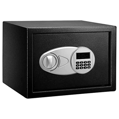 Imagen de Amazon Basics Caja Fuerte de Seguridad Acero con Cerradura Teclado, Protege Dinero, Joyas, Documentos identificación, 14 l, 35 cm x 25 cm, Color Negro