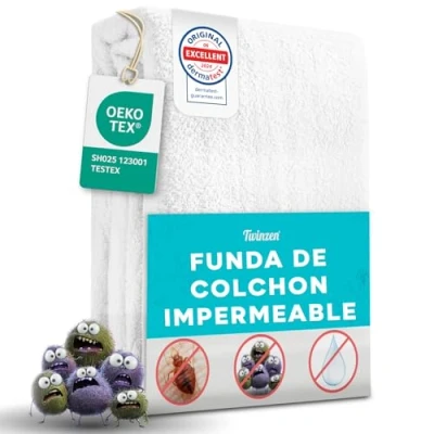 Imagen de Twinzen Protector Colchon 180x200 x25 cm Impermeable Funda 90x190 Cremallera Completo para Protección Total Bi Ome &amp; Oeko Tex